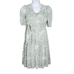 Calvin Klein Dress‎ Womens 4 Sage Green Abstract Palm Tiered Puff Sleeve Midi